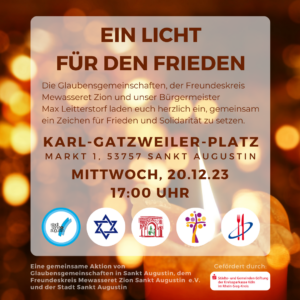 Plakat für die Veranstaltung "Ein Licht für den Frieden" am 20.12.2023 um 17 Uhr auf dem Karl-Gatzweiler-Platz.
